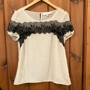 (MP) Sheer Ivory Blouse with Black Lace, Loft